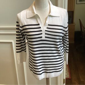 Talbots Black and White Striped V-Neck Sweater, 3/4 sleeve